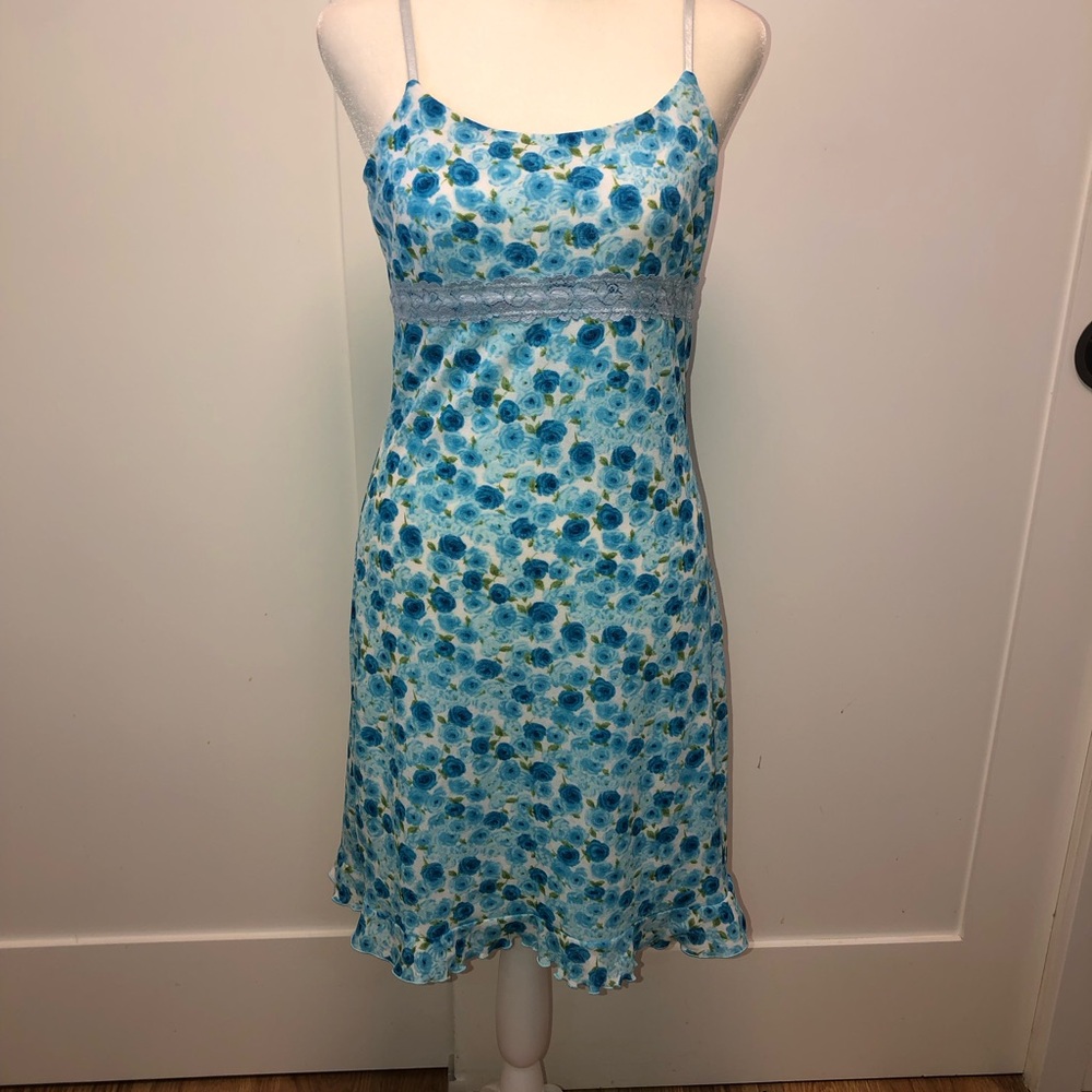 Blue Floral Slip Dress with Lace Empire Waist